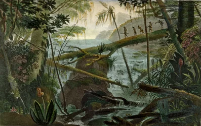 Indianer überqueren den Rio Paraíba do Sul auf einem umgestürzten Baumstamm, Illustration aus „Voyage Pittoresque et Historique au Brésil“ von Jean-Baptiste Debret (1768-1848), veröffentlicht in Paris, 1839